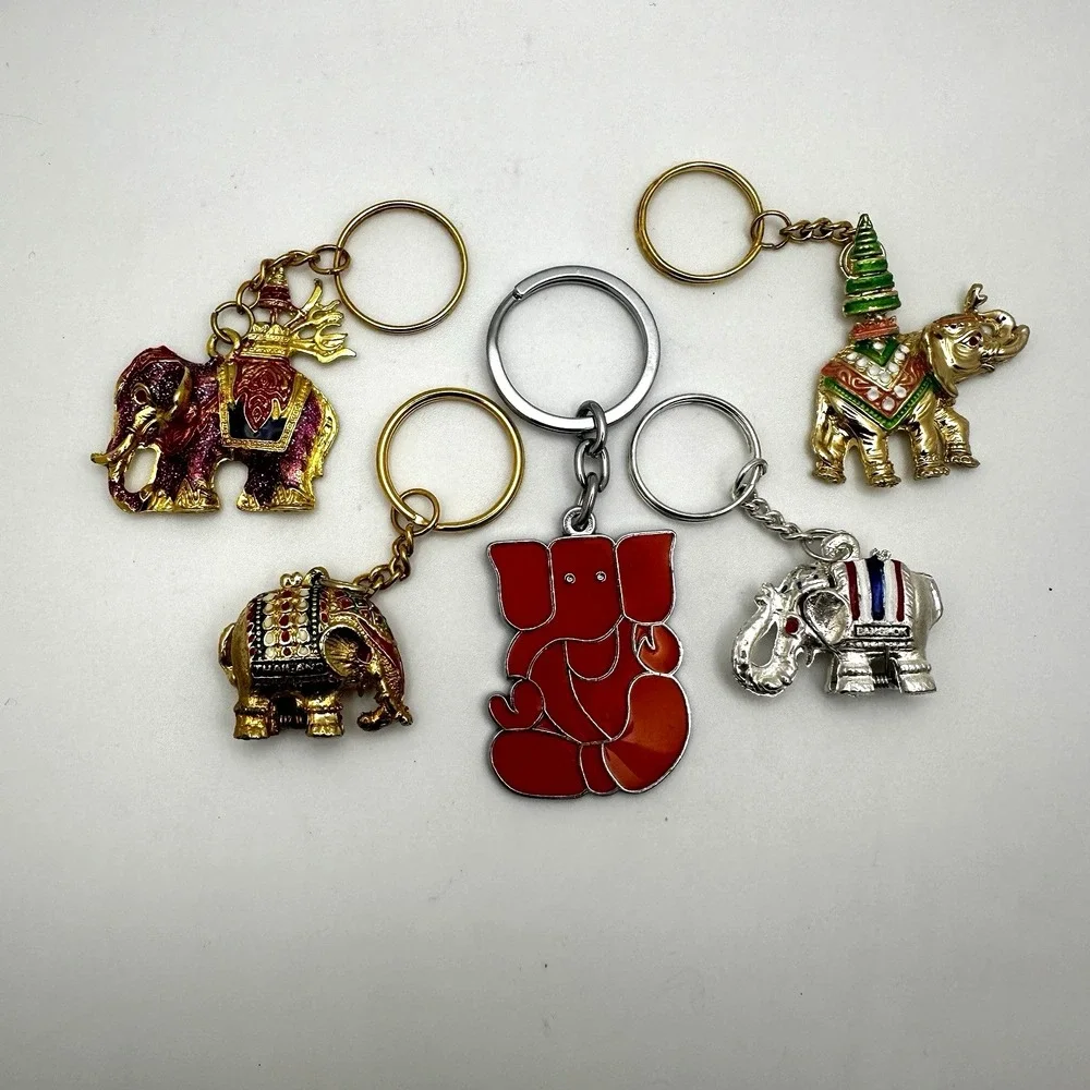 Elephant Keychain  Lot of 5 Enamel Gold Tone  Silver 2 hinged Thailand Bangkok